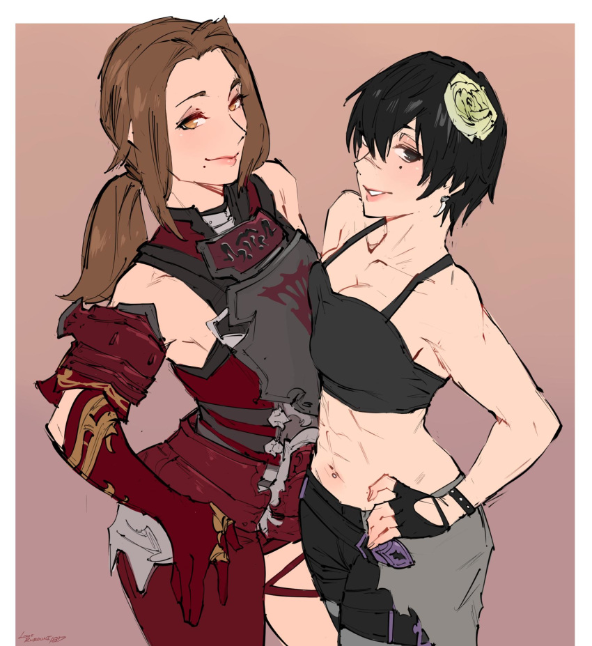 2girls abs armor asymmetrical_docking black_eyes black_hair breast-to-breast breast_press breasts brown_hair commission crop_top earrings facial_scar final_fantasy final_fantasy_xiv fingerless_gloves flower gloves hair_flower hair_ornament highlander highres hyur jane_highwind jewelry kenshin187 large_breasts looking_at_viewer midriff mole mole_under_eye multiple_girls navel navel_piercing nose_scar piercing ponytail scar short_hair sketch smug standing tied_hair tomboy white_flower yellow_eyes