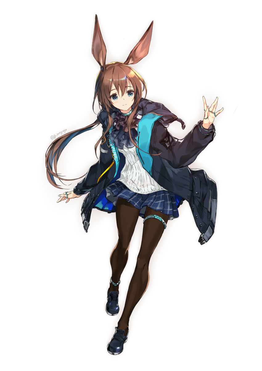 1girl absurdres amiya_(arknights) animal_ears arknights artist_name bangs black_footwear black_jacket black_legwear blue_eyes blue_neckwear blue_skirt brown_hair bunny_ears commentary_request full_body gin_(oyoyo) hair_between_eyes hand_up highres jacket jewelry light_smile long_hair long_sleeves looking_at_viewer low_ponytail miniskirt open_clothes open_jacket pantyhose partial_commentary plaid plaid_skirt pleated_skirt revision ribbed_shirt ring shirt shoes simple_background skirt solo thighlet thumb_ring twitter_username white_background white_shirt