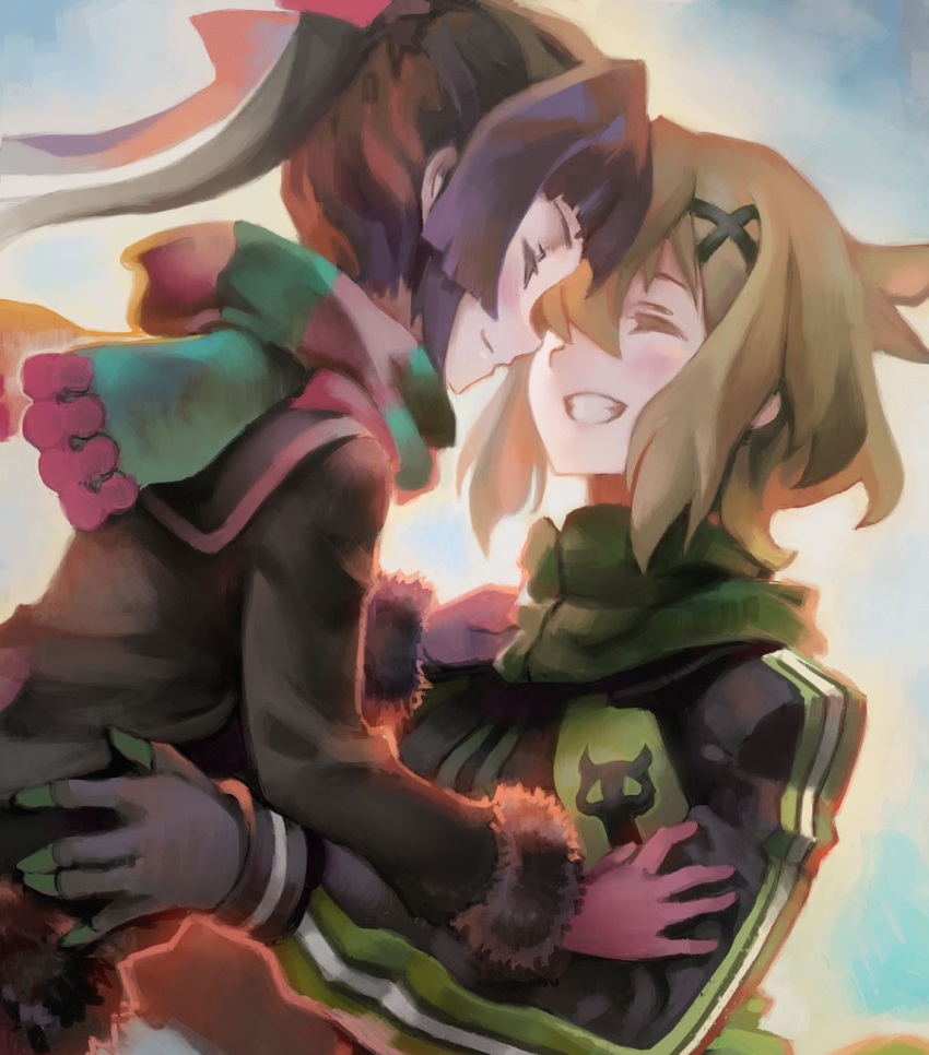 2girls akatsuki_kirika black_hair blonde_hair blush closed_eyes commentary cross_hair_ornament gloves grin hair_ornament hair_ribbon highres hug jacket long_hair multiple_girls ribbon scarf senki_zesshou_symphogear short_hair smile teeth track_jacket tsukuyomi_shirabe twintails upper_body visqi winter_clothes yuri