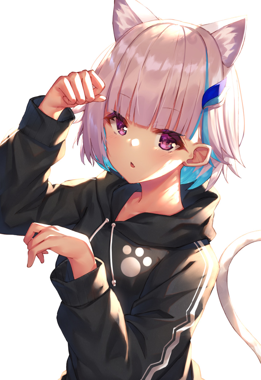 1girl absurdres animal_ears arm_up bangs black_hoodie blue_hair blush cat_ears cat_girl cat_tail commentary_request drawstring eyebrows_visible_through_hair fang hair_ornament hand_up highres hood hood_down hoodie kemonomimi_mode lize_helesta long_sleeves looking_at_viewer multicolored_hair nijisanji parted_lips paw_pose purple_eyes short_hair silver_hair simple_background solo tail two-tone_hair upper_body virtual_youtuber white_background yuuki_nao_(pixiv10696483)