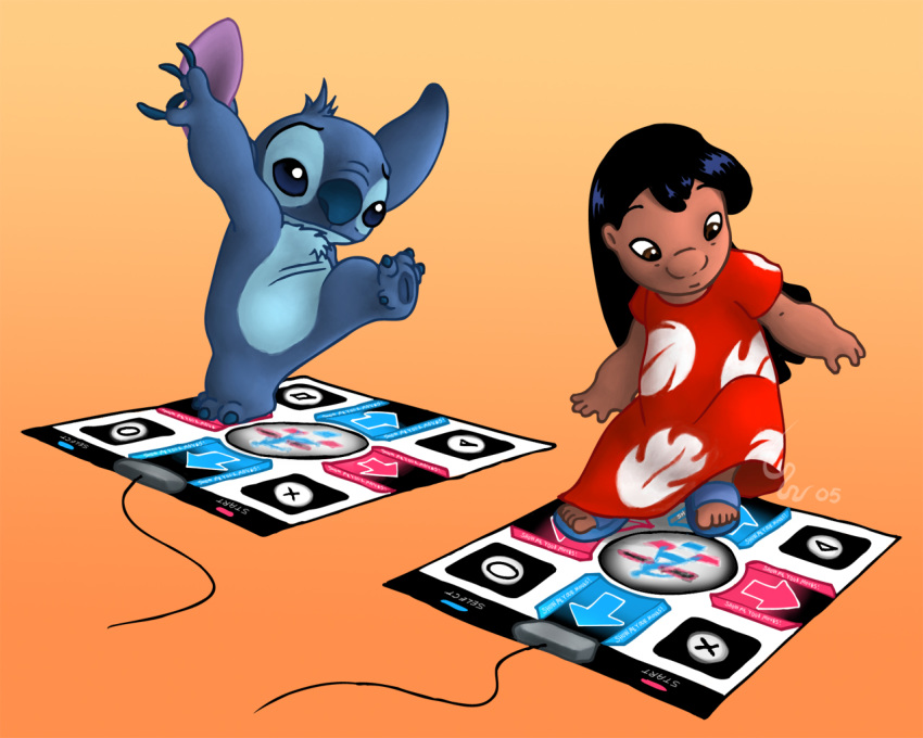 2005 5:4 alien black_hair blue_body blue_claws blue_fur blue_nose brown_eyes chest_tuft claws clothing confusion dance_dance_revolution dancing disney duo experiment_(lilo_and_stitch) eyebrows female fingers flip_flops footwear fur hair head_tuft human lilo_and_stitch lilo_pelekai long_hair male mammal orange_background pawpads purple_inner_ear ribera sandals semi-anthro signature simple_background stitch_(lilo_and_stitch) toe_claws toes tuft
