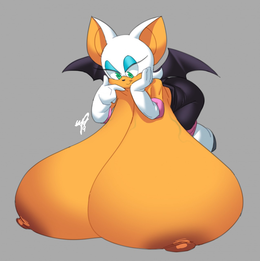 anthro armwear big_breasts breasts chiropteran clothing elbow_gloves eyeshadow female gloves grim-kun handwear hi_res huge_breasts hyper hyper_breasts makeup mammal nipples rouge_the_bat solo sonic_the_hedgehog_(series)