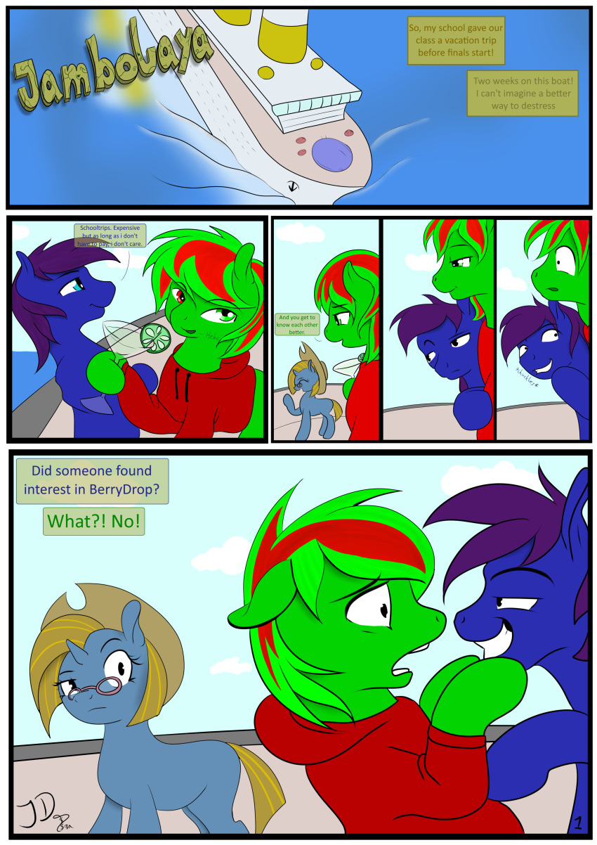 absurd_res berrydrop_(oc) comic cruise discordriderr34 drinking embarrassed english_text equid equine fan_character female feral friendship_is_magic hi_res horse jambolaya jojodash jojodash_(oc) male mammal my_little_pony pony sea ship text travel vehicle water watercraft