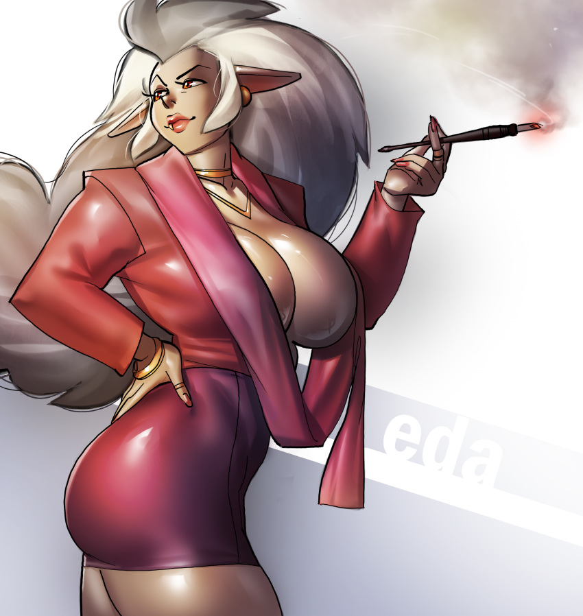 absurd_res big_breasts breasts butt cleavage clothed clothing ear_piercing ear_ring eda_(the_owl_house) female hair hand_on_hip hi_res humanoid humanoid_pointy_ears long_hair not_furry ph piercing red_eyes smoking solo the_owl_house thick_thighs white_hair wide_hips