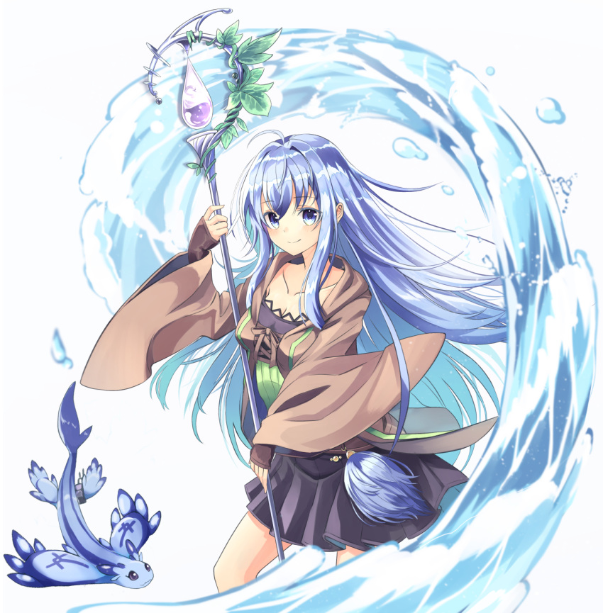 1girl ahoge bangs black_skirt blue_eyes blue_hair breasts brown_robe closed_mouth collarbone creature duel_monster eria eyebrows_visible_through_hair feet_out_of_frame hair_between_eyes highres holding holding_staff hydrokinesis leaf long_hair long_sleeves medium_breasts mikan_(13alice666) open_clothes open_robe pleated_skirt robe sidelocks simple_background skirt sleeves_past_wrists smile staff water white_background wide_sleeves yuu-gi-ou