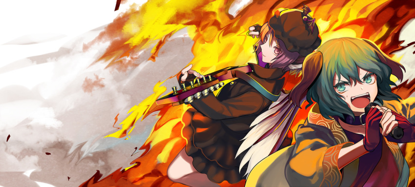 2girls :d animal_ears bird_wings brown_dress brown_skirt cheat-nu collar collarbone dog_ears dress feathered_wings fingerless_gloves fire food gloves green_eyes green_hair guitar hair_between_eyes hat instrument kasodani_kyouko long_sleeves microphone mob_cap multiple_girls mystia_lorelei open_mouth pink_eyes pink_hair plectrum popped_collar short_hair skirt smile touhou white_wings winged_hat wings youkai