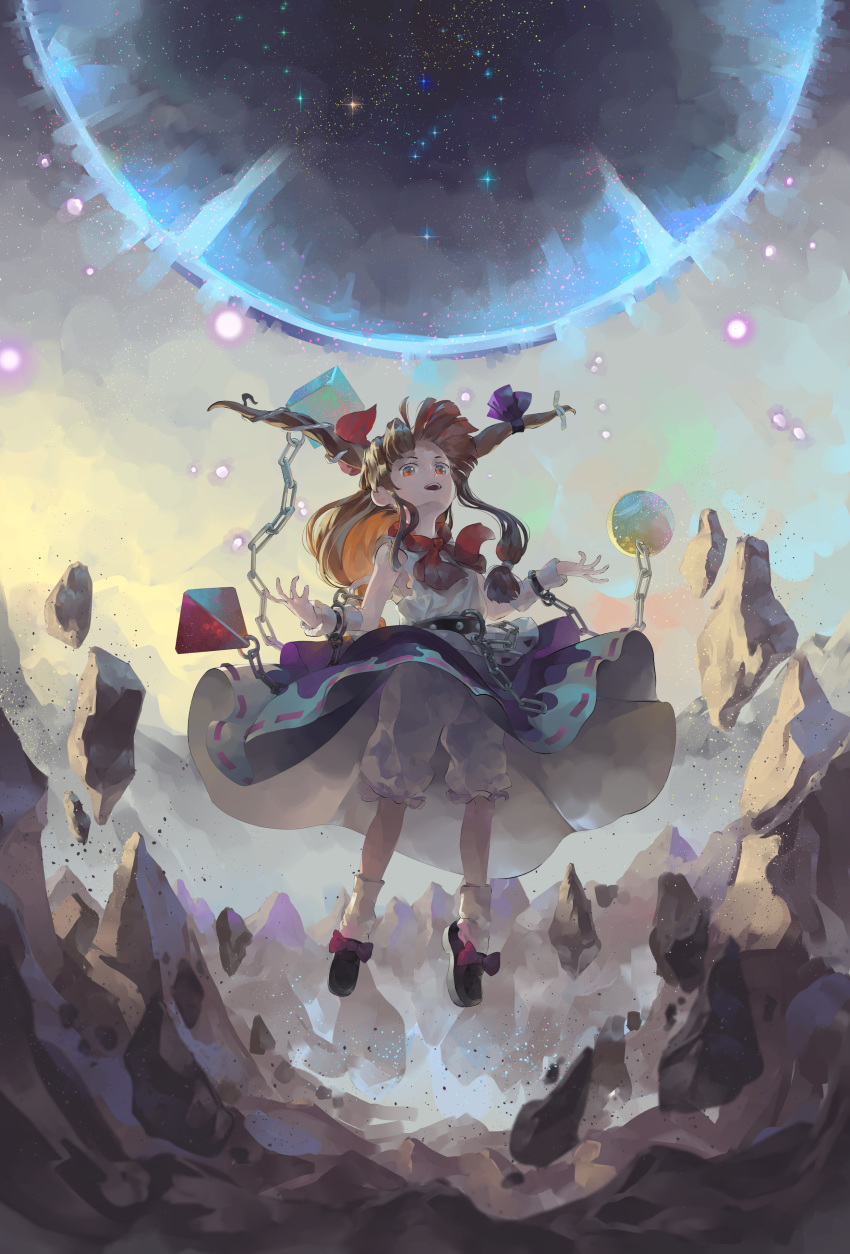 1girl absurdres ankle_socks arms_up black_footwear black_hole bloomers bow bowtie chain cloud cloudy_sky cube cuffs danmaku debris destruction english_commentary floating floating_hair head_tilt highres horn_ornament horn_ribbon horns ibuki_suika long_hair looking_at_viewer low-tied_long_hair mixed-language_commentary open_mouth orange_eyes orange_hair purple_skirt pyramid_(geometry) red_neckwear ribbon riki6 rock shackles shirt skirt sky sleeveless sleeveless_shirt solo sphere touhou underwear very_long_hair white_legwear white_shirt