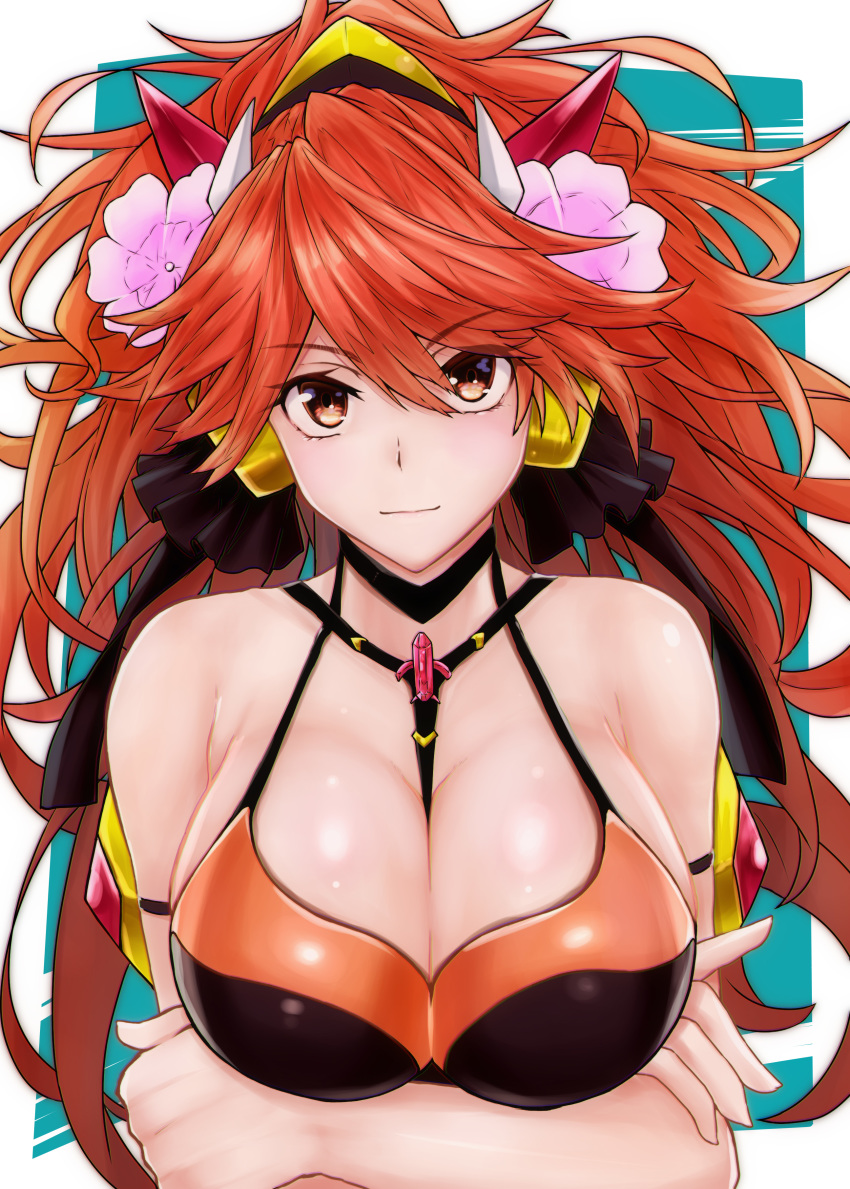 1girl absurdres amou_kanade bikini bikini_top breasts crossed_arms flower hair_flower hair_ornament highres large_breasts long_hair orange_eyes orange_hair senki_zesshou_symphogear senki_zesshou_symphogear_xd_unlimited shishin_(shishintei) smile swimsuit symphogear_pendant