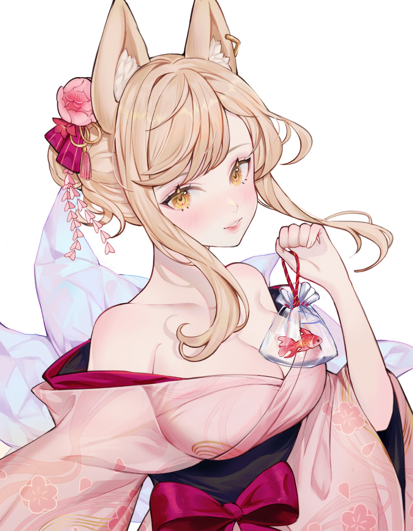 1girl absurdres ahri animal_ear_fluff animal_ears bare_shoulders blonde_hair bow breasts cleavage collarbone fish floral_print fox_ears fox_tail goldfish hair_bun hair_ornament highres holding japanese_clothes kimono large_breasts league_of_legends long_hair looking_at_viewer meowlian off_shoulder piercing pink_bow sidelocks simple_background solo tail white_background yellow_eyes