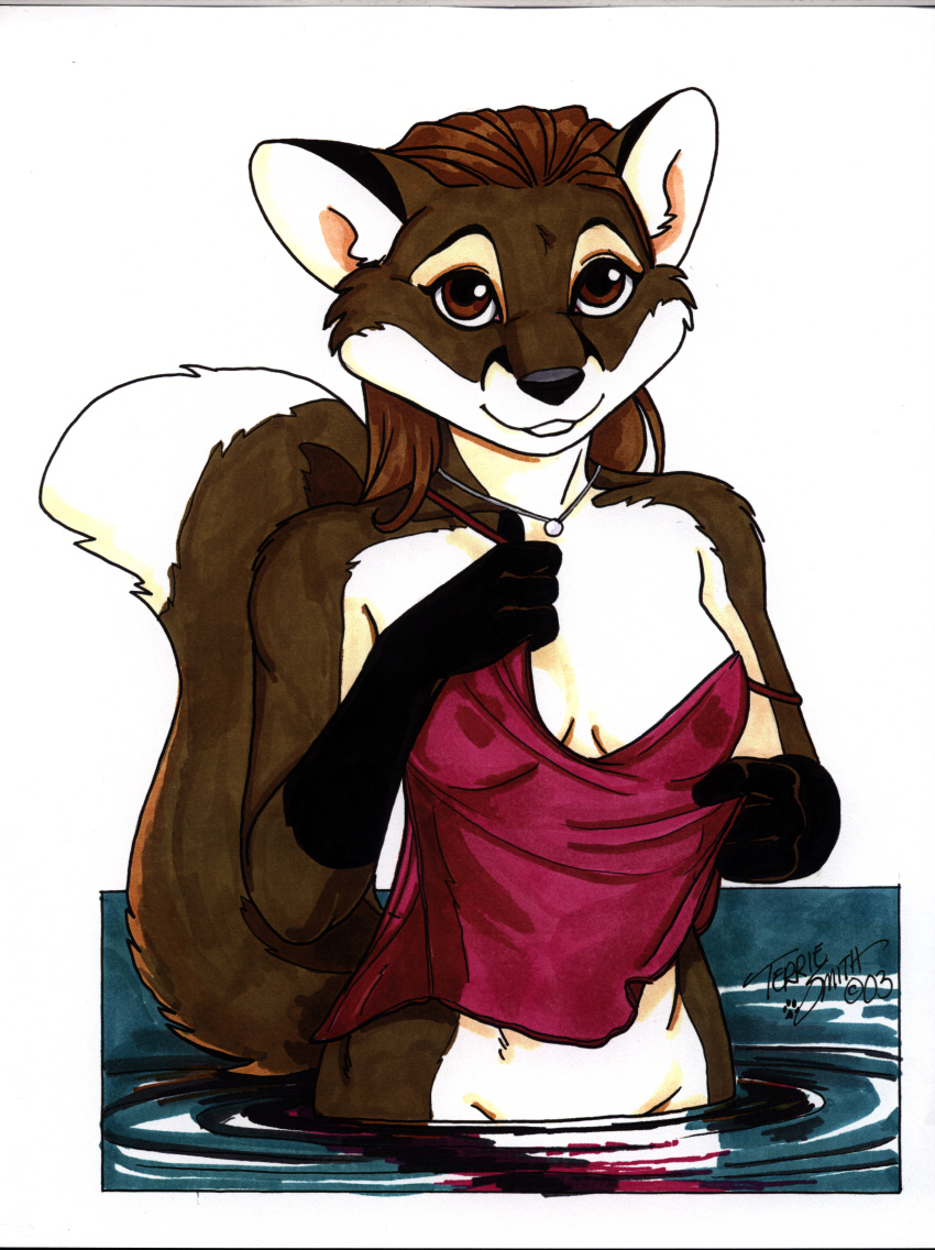 absurd_res anthro bathing breasts canid canine clothed clothing female fluffy fluffy_tail fox fur hair hi_res jewelry looking_at_viewer mammal necklace nipples solo teasing terrie_smith traditional_media_(artwork) undressing water wet wet_body wet_clothing wet_fur wet_hair