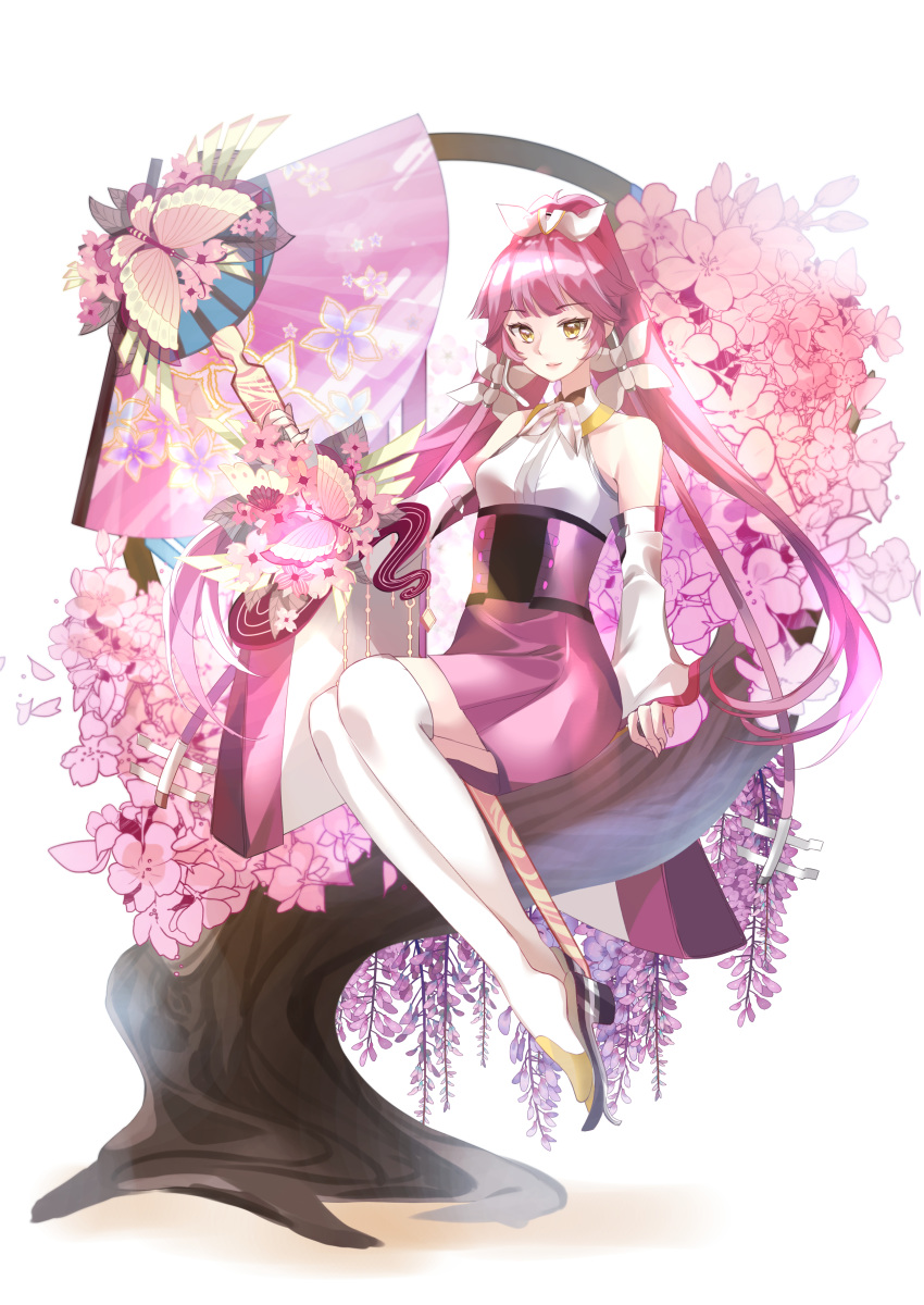 1girl absurdres anniversary bow cherry_blossoms closed_mouth detached_sleeves fan folding_fan hair_bow hair_ornament hairpin highres kobushi_kiku lipstick long_hair makeup pink_hair pink_lipstick sitting smile solo thighhighs tree very_long_hair vocaloid vy1 white_legwear wide_sleeves yellow_eyes