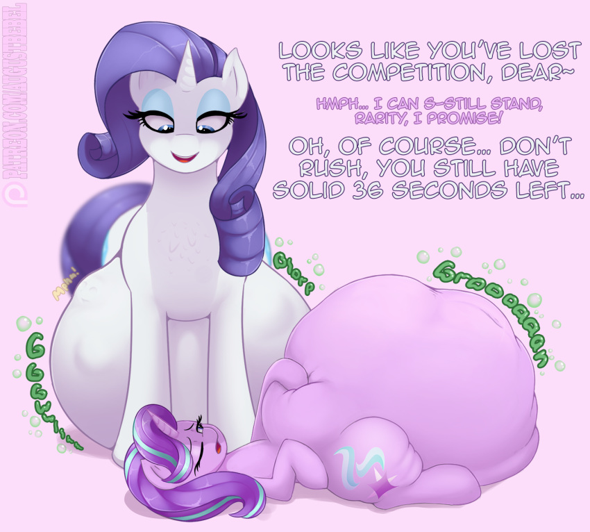 2020 augustbebel belly blue_eyes cutie_mark dialogue digital_media_(artwork) duo english_text equid equine eyelashes eyeshadow female feral friendship_is_magic hasbro hi_res horn lying makeup mammal my_little_pony on_back one_eye_closed open_mouth rarity_(mlp) simple_background starlight_glimmer_(mlp) text unicorn unicorn_horn vore