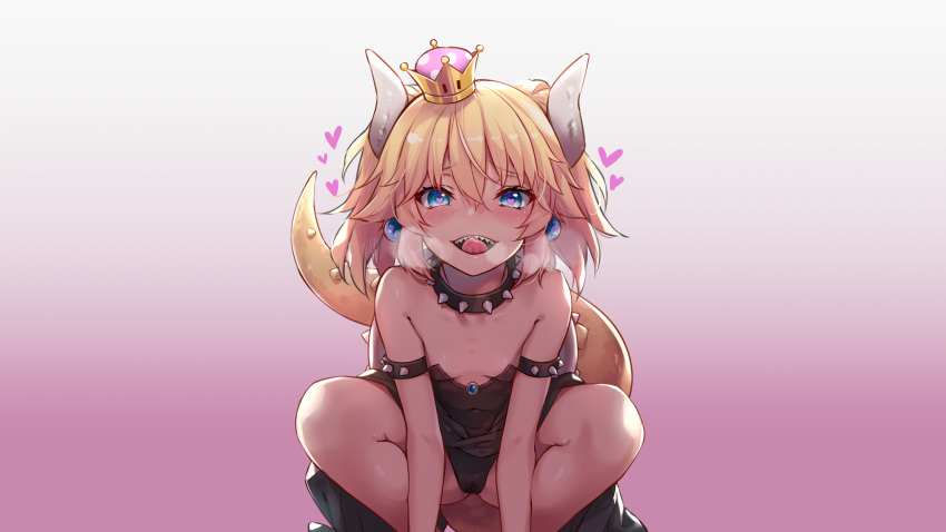 blonde_hair blue_eyes blush bowsette collar crown dress fang hika_(cross-angel) horns super_mario_bros tail third-party_edit