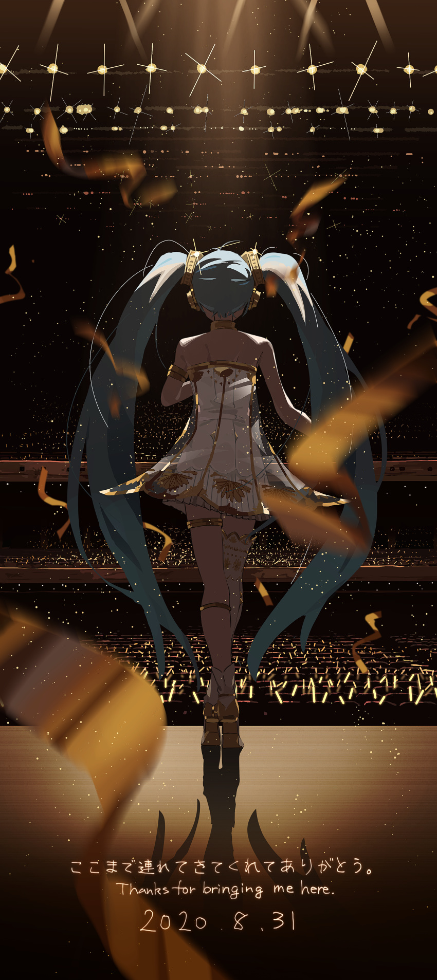 1girl absurdres agas_(vpwt7475) aqua_eyes aqua_hair armband asymmetrical_legwear audience back commentary concert dated dress earphones english_text glowstick gold_trim hatsune_miku highres light_particles long_hair long_image miku_symphony_(vocaloid) see-through sparkle stadium stage stage_lights tall_image thank_you thigh_strap twintails very_long_hair vocaloid