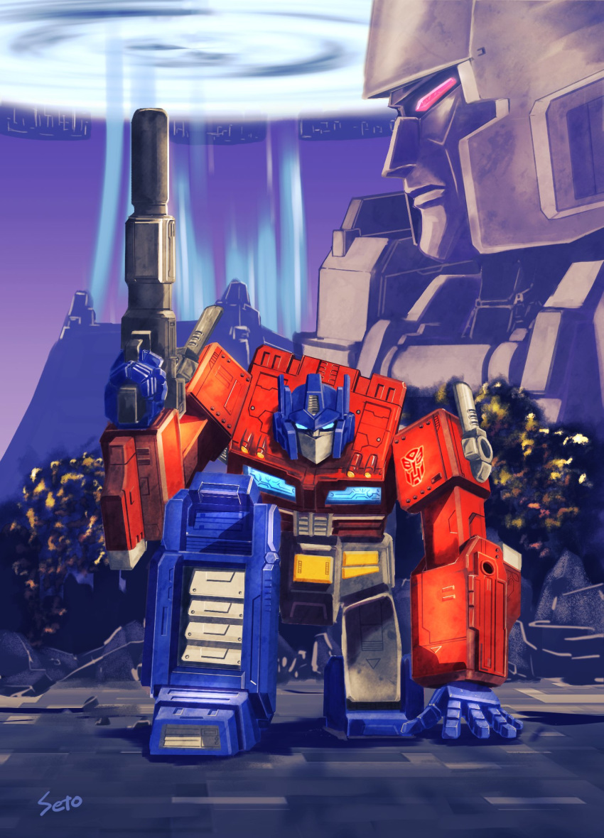 autobot blue_eyes decepticon explosion gun hand_on_ground highres holding holding_weapon mecha megatron on_ground optimus_prime portal profile red_eyes seto_(atsushi533822) signature transformers transformers:_war_for_cybertron_trilogy weapon