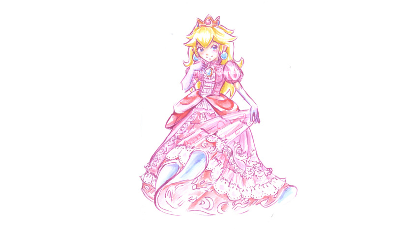 blonde_hair blue_eyes blush crown dress elbow_gloves gloves lemiacrescent long_hair princess_peach super_mario_bros watermark white