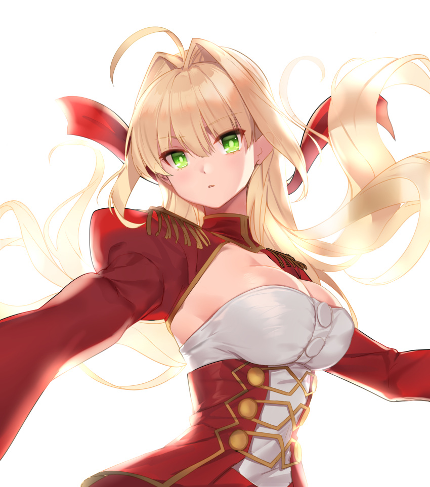 1girl absurdres ahoge blonde_hair breasts cleavage epaulettes fate/extra fate_(series) floating_hair gold_trim green_eyes hair_intakes highres juliet_sleeves long_hair long_sleeves looking_at_viewer medium_breasts nero_claudius_(fate) nero_claudius_(fate)_(all) parted_lips puffy_sleeves shirt shovelwell shrug_(clothing) simple_background solo strapless tubetop underbust upper_body white_background white_shirt