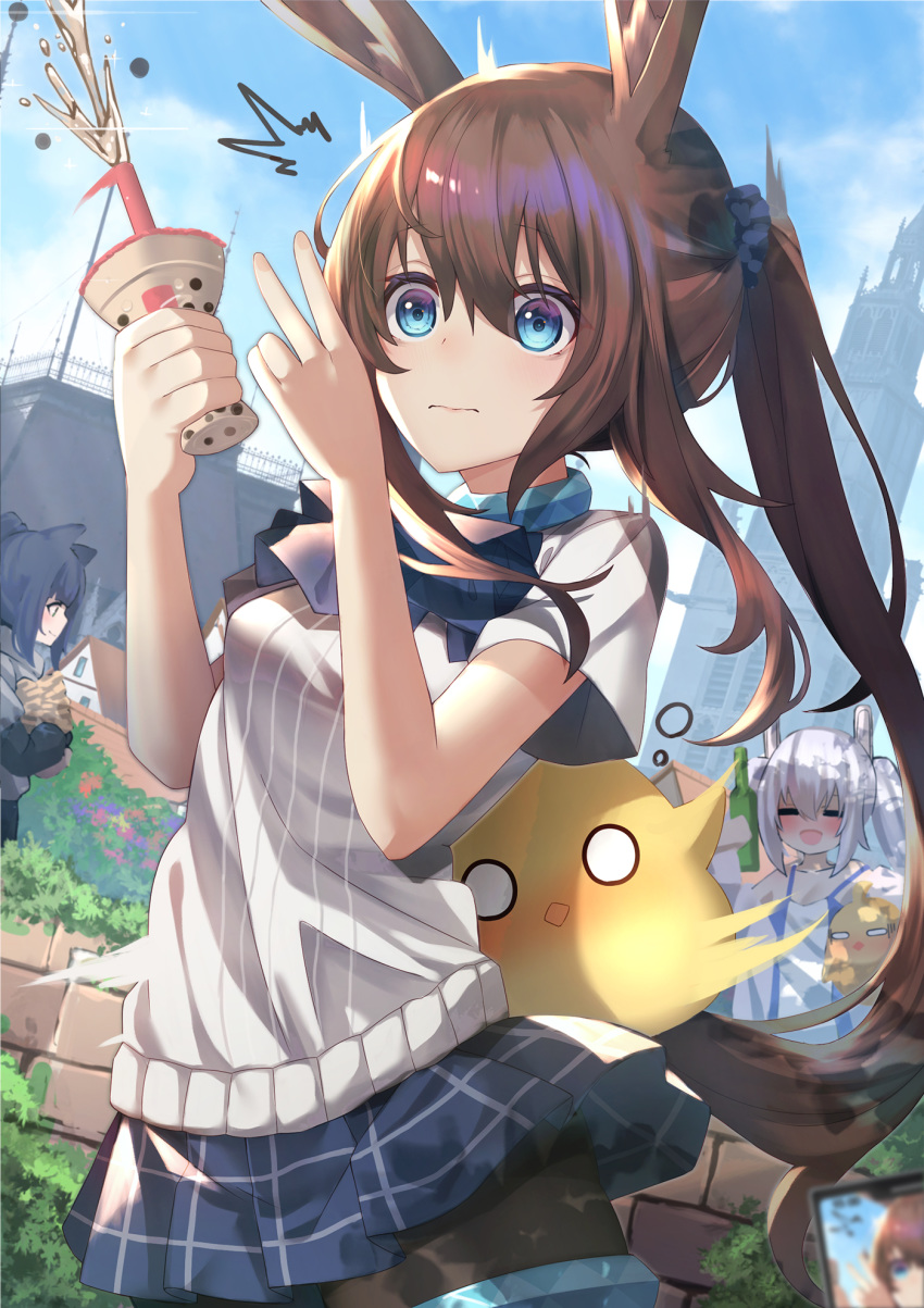 3girls :d =_= amiya_(arknights) animal_ears arknights ashisi azur_lane bangs black_legwear blue_eyes blue_skirt blue_sky brown_hair bubble_tea bunny_ears closed_eyes cloud commentary_request cowboy_shot cup day drinking_straw hands_up highres holding holding_cup jewelry laffey_(azur_lane) long_hair long_ponytail manjuu_(azur_lane) miniskirt multiple_girls neck_ring o_o open_mouth outdoors pantyhose pleated_skirt ponytail shirt short_sleeves silver_hair skirt sky smile standing thighlet twintails v white_shirt