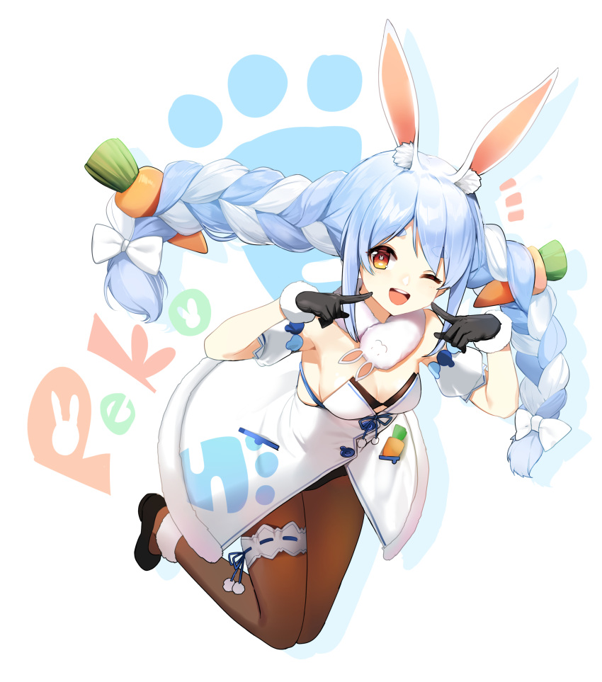 1girl ;d absurdres animal_ear_fluff animal_ears armpits bare_shoulders black_footwear black_gloves black_leotard blue_hair bow braid breasts brown_legwear bunny_ears bunny_girl bunnysuit carrot_hair_ornament cleavage coat detached_sleeves food_themed_hair_ornament fur_collar fur_trim gloves hair_bow hair_ornament highres hololive leg_garter leotard long_hair looking_at_viewer low_twintails medium_breasts one_eye_closed open_mouth orange_eyes pantyhose puffy_short_sleeves puffy_sleeves shoes short_sleeves shovelwell smile solo strapless strapless_leotard twin_braids twintails usada_pekora very_long_hair white_coat