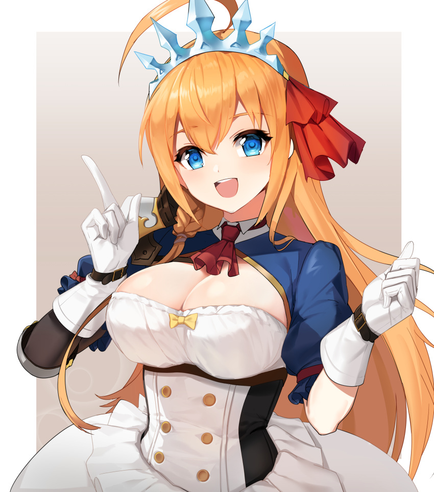 1girl :d absurdres ahoge armor ascot belt blue_eyes breasts cleavage dress gloves gold_trim hands_up highres index_finger_raised large_breasts long_hair looking_at_viewer open_mouth orange_hair pecorine princess_connect! princess_connect!_re:dive puffy_short_sleeves puffy_sleeves red_neckwear short_sleeves shoulder_armor shovelwell shrug_(clothing) single_spaulder smile solo spaulders tiara underbust upper_body white_dress white_gloves