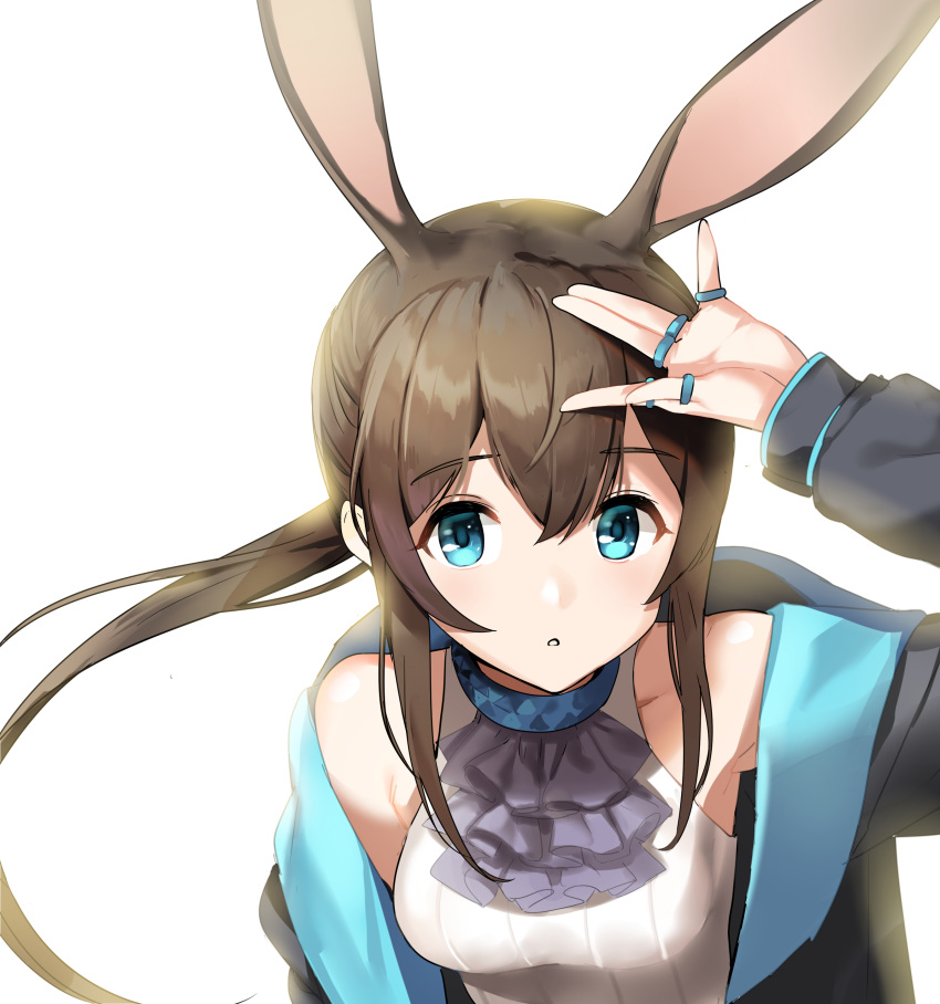 1girl :o absurdres amiya_(arknights) animal_ears arknights arm_up armpits ascot bare_shoulders black_jacket blue_eyes breasts brown_hair bunny_ears extra_ears highres jacket jewelry looking_at_viewer low_ponytail medium_breasts multiple_rings off_shoulder open_clothes open_jacket parted_lips purple_neckwear ring shirt shovelwell sidelocks simple_background sleeveless sleeveless_shirt solo upper_body white_background white_shirt