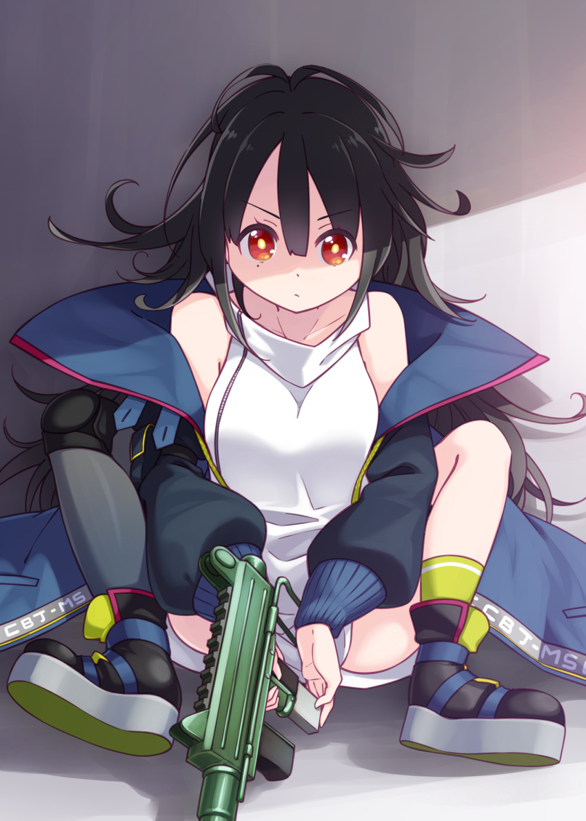 1girl asymmetrical_legwear bangs bare_shoulders black_footwear black_hair blue_jacket boots breasts c-ms_(girls_frontline) cbj-ms closed_mouth collarbone commentary_request dress eyebrows_visible_through_hair full_body girls_frontline green_legwear grey_legwear gun hair_between_eyes haradaiko_(arata_himeko) high_collar highres holding holding_gun holding_weapon jacket knee_pads knees_up long_hair looking_at_viewer object_namesake off_shoulder open_clothes open_jacket red_eyes shadow shoe_soles single_sock single_thighhigh sitting sleeveless sleeveless_dress small_breasts socks solo spread_legs thighhighs v-shaped_eyebrows very_long_hair weapon white_dress