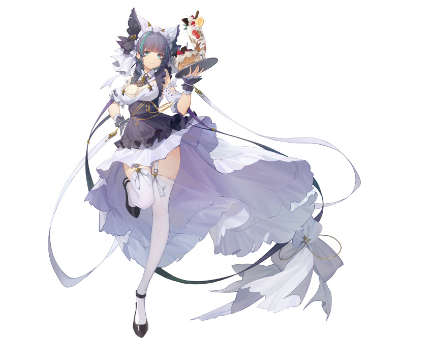 1girl apron aqua_eyes azur_lane bangs black_footwear blue_hair breasts cake cake_slice cheshire_(azur_lane) cleavage closed_mouth commentary_request cream dress earrings eyebrows_visible_through_hair food fruit full_body green_hair hair_ornament hand_on_hip highres holding holding_tray ice_cream jewelry leg_up long_legs looking_at_viewer maid medium_breasts multicolored_hair orange orange_slice puffy_sleeves shiny shiny_hair shoes short_dress short_hair skirt smile standing standing_on_one_leg thighhighs thighs tray white_background white_legwear wrist_cuffs youxuemingdie zettai_ryouiki