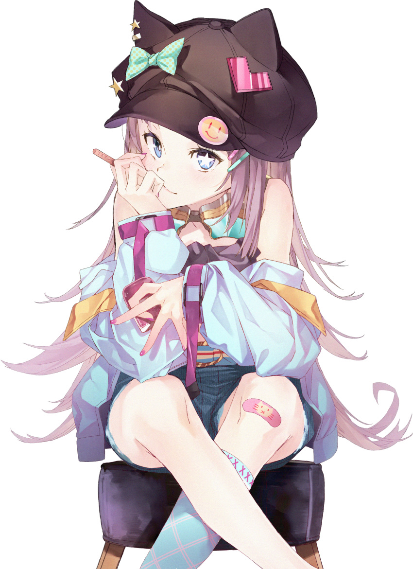 1girl absurdres animal_hat babydoll badge bandaid bandaid_on_knee bare_shoulders belt black_babydoll black_headwear blue_belt blue_bow blue_eyes blue_jacket blue_legwear bow button_badge cabbie_hat candy cat_hat cigarette_candy commentary crossed_legs denim denim_shorts feet_out_of_frame film_grain food furisuku goggles goggles_around_neck hand_on_own_cheek hat hat_bow hat_ornament highres hoshino_nyaa huge_filesize indie_virtual_youtuber jacket kneehighs lavender_hair long_hair long_sleeves looking_at_viewer nail_polish o-ring_belt photoshop_(medium) pink_belt pink_nails polka_dot polka_dot_bow psd_available shorts single_kneehigh sitting smiley_face solo star-shaped_eyewear star_(symbol) star_hat_ornament star_in_eye stool symbol_in_eye transparent_background two-sided_fabric two-sided_jacket very_long_hair virtual_youtuber