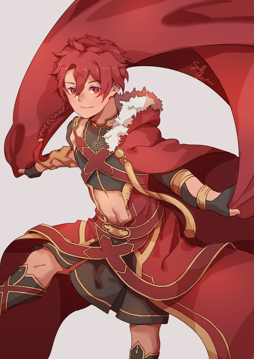 1boy absurdres alexander_(fate/grand_order) braid cape commentary cowboy_shot eyebrows_visible_through_hair fate/grand_order fate_(series) fur_trim greek_clothes guoguo hair_between_eyes highres male_focus muscle red_eyes red_hair simple_background single_braid smile