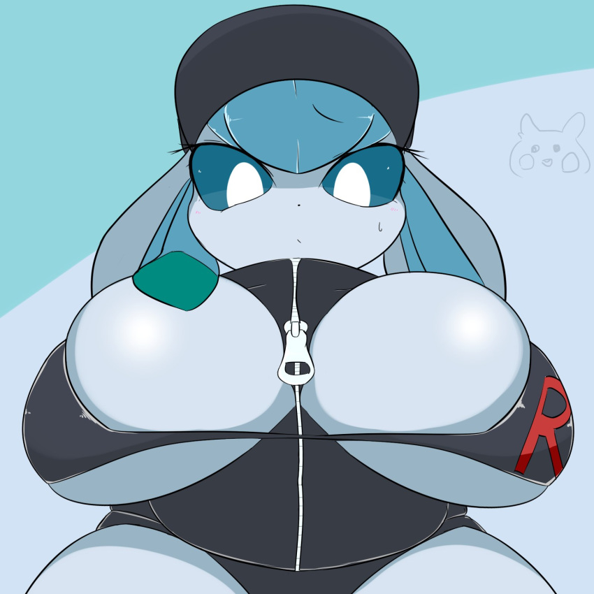 1:1 2020 anthro big_breasts bikini bikini_top blue_body blue_sclera bodily_fluids breasts clothing eeveelution eyelashes female glaceon hi_res looking_at_viewer low-angle_view nintendo pok&eacute;mon pok&eacute;mon_(species) simple_background solo sugaru sweat sweatdrop swimwear video_games white_eyes zipper