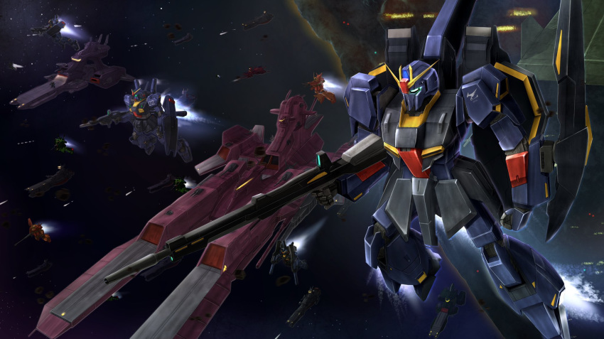 battleship beam_rifle clenched_hand energy_gun flying glowing glowing_eyes green_eyes gun gundam gundam_mk_ii highres hizack holding holding_gun holding_weapon marasai mecha military military_vehicle no_humans shield ship sidehiwinder space space_craft v-fin war warship watercraft weapon zeta_gundam zeta_gundam_(mobile_suit)