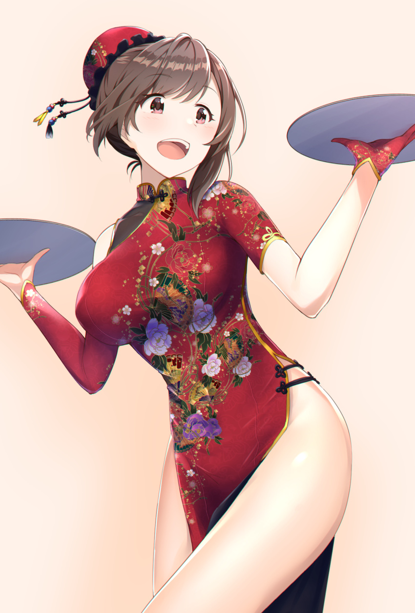 1girl blush breasts brown_hair bun_cover china_dress chinese_clothes dress floral_print gloves hair_bun hands_up highres idolmaster idolmaster_shiny_colors large_breasts long_hair open_mouth simple_background smile solo teeth tray tsukioka_kogane wattsu