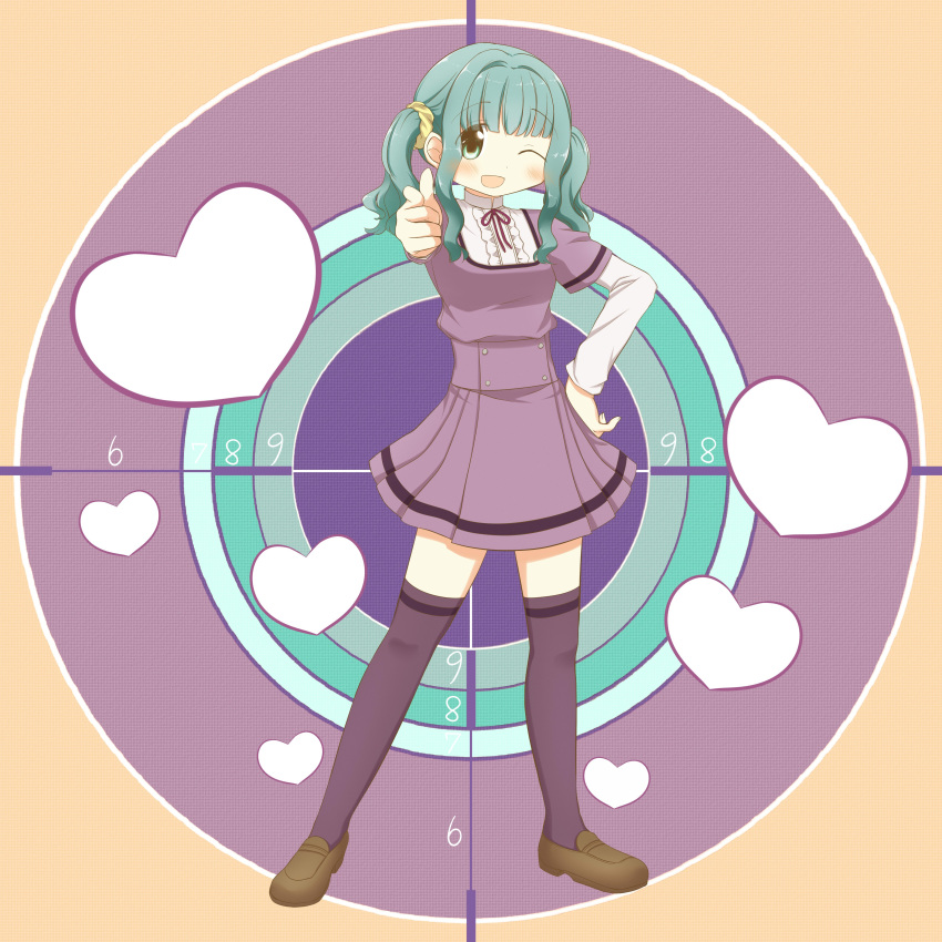 1girl ;d absurdres aoki_ume_(style) bangs blunt_bangs blush breasts brown_footwear center_frills circle commentary commission contrapposto curly_hair dot_nose eyebrows_visible_through_hair eyes_visible_through_hair frills full_body futaba_sana green_eyes green_hair hand_on_hip happy heart heart_background high_collar highres index_finger_raised legs_apart loafers long_sleeves magia_record:_mahou_shoujo_madoka_magica_gaiden mahou_shoujo_madoka_magica mizuna_girls'_academy_uniform multicolored multicolored_background neck_ribbon number one_eye_closed open_mouth pleated_skirt pointing pointing_at_viewer purple_legwear purple_ribbon purple_skirt ribbon scrunchie shiny shiny_hair shoes sidelocks skirt small_breasts smile solo standing tareme thighhighs twintails wahyu_lanang yellow_scrunchie zettai_ryouiki