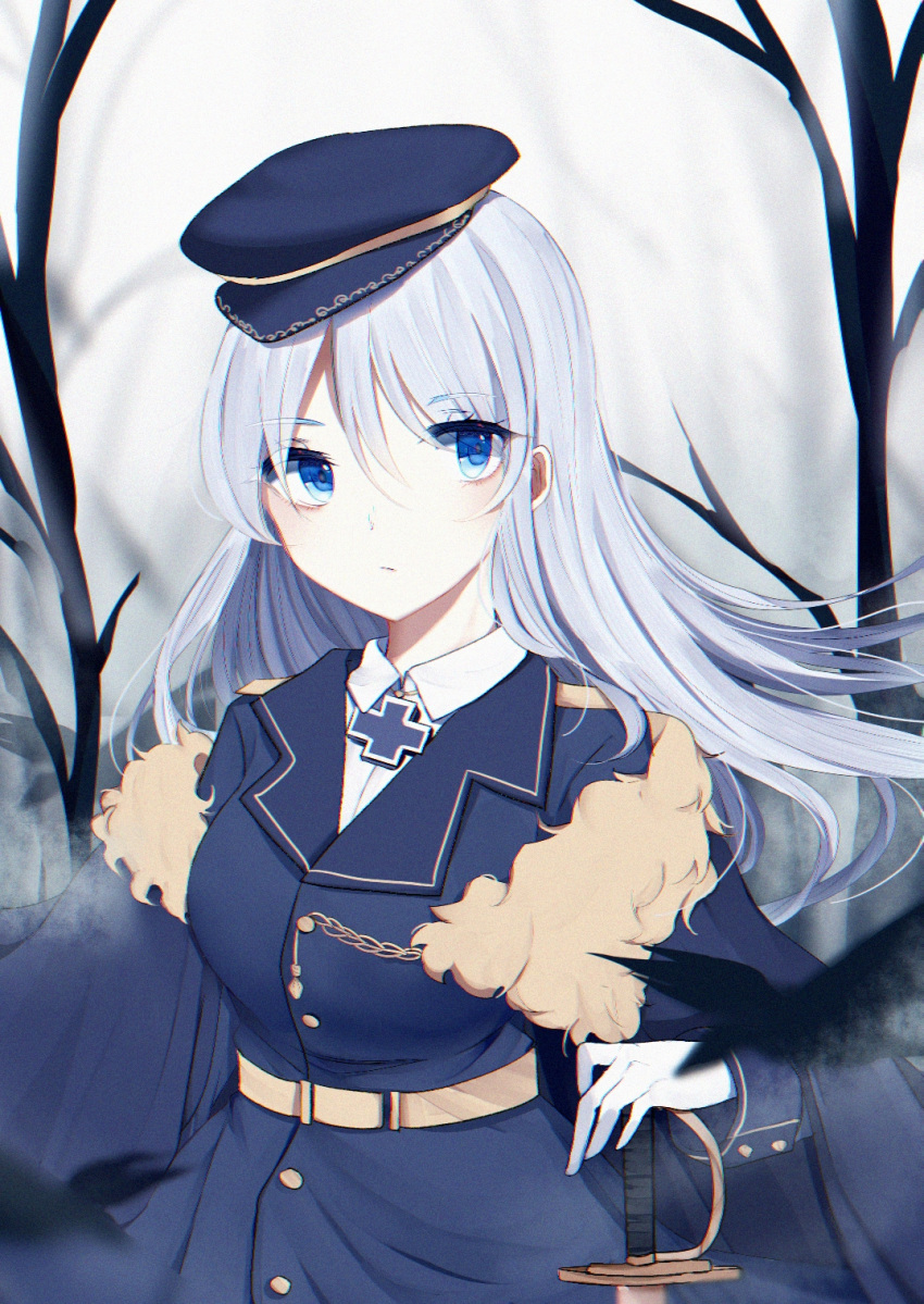 1girl 3874384829 belt blue_eyes blue_headwear blue_jacket breasts character_request closed_mouth cross cross_necklace eyebrows_visible_through_hair gloves hair_between_eyes hat highres holding holding_sword holding_weapon jacket jewelry long_hair looking_at_viewer military military_hat military_uniform necklace open_eyes shirt silver_hair solo sword uniform warship_girls_r weapon white_gloves white_shirt