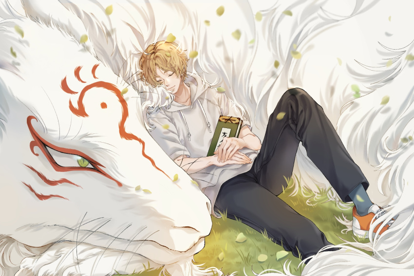 1boy animal bangs black_pants blonde_hair blue_legwear book closed_eyes closed_mouth falling_leaves fox full_body grass hood hood_down hoodie leaf looking_at_another lying lying_on_another madara_(natsume_yuujinchou) male_focus natsume_takashi natsume_yuujinchou on_stomach orange_footwear outdoors own_hands_together pants parted_bangs shoes short_hair short_sleeves size_difference sleeping sneakers socks white_hoodie yellow_eyes youkai zoha