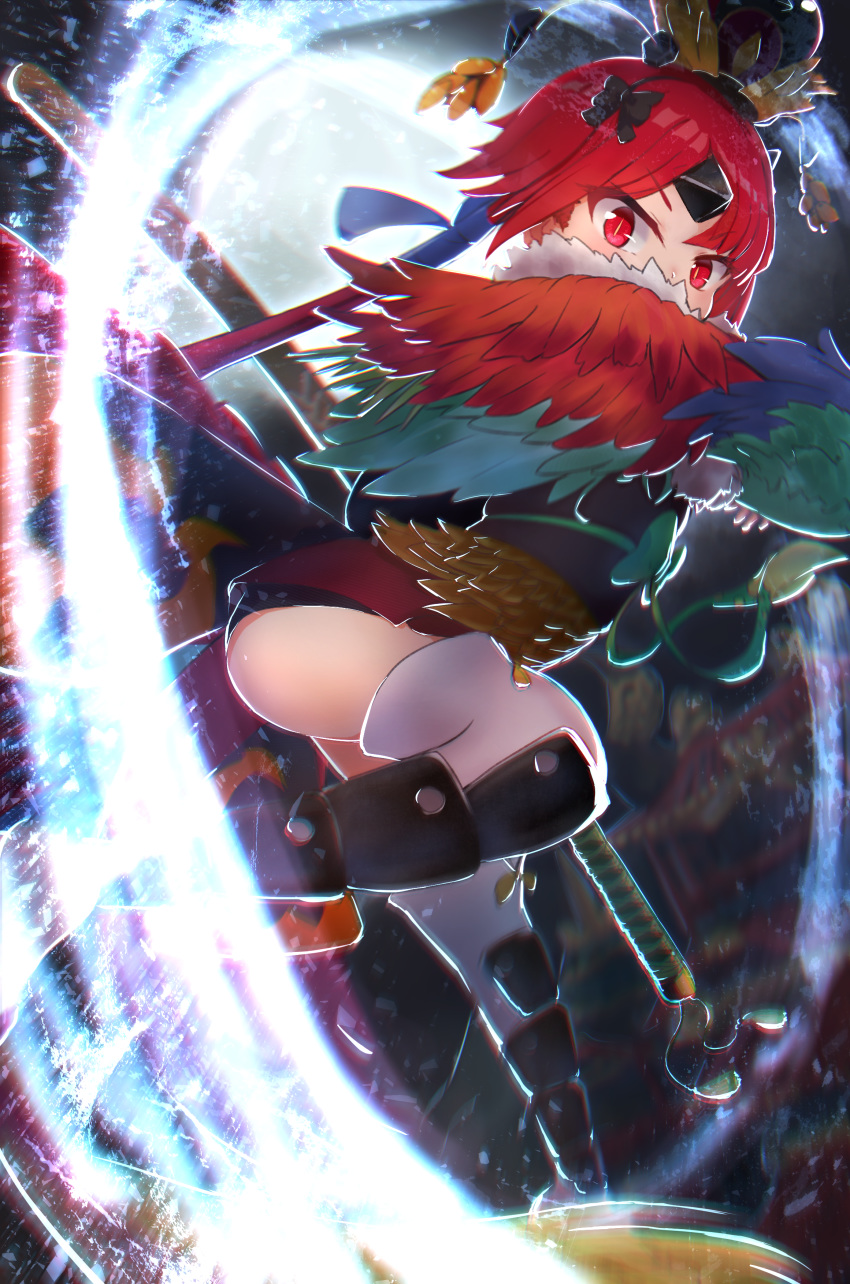 1girl absurdres backlighting bangs benienma_(fate/grand_order) black_dress blurry commentary_request covered_mouth dress energy eyebrows_visible_through_hair fate/grand_order fate_(series) feathers greaves hat headdress highres holding holding_sword holding_weapon japanese_clothes karu_(ricardo_2628) katana legs looking_at_viewer microdress motion_blur partial_commentary red_eyes red_hair slit_pupils solo sword thighhighs v-shaped_eyebrows weapon white_legwear wide_sleeves