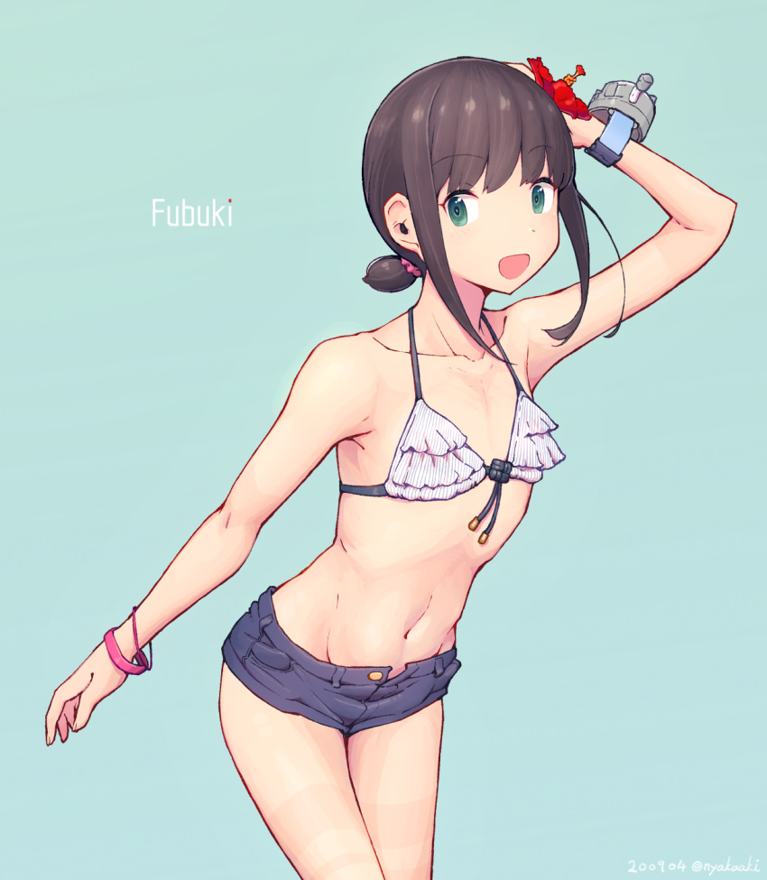 1girl bikini black_hair blue_background blue_shorts character_name collarbone cowboy_shot denim denim_shorts flat_chest flower frilled_bikini frills fubuki_(kantai_collection) green_eyes groin hair_flower hair_ornament highres kantai_collection long_hair low_ponytail nakaaki_masashi navel ponytail salute short_ponytail short_shorts shorts sidelocks simple_background solo swimsuit white_bikini