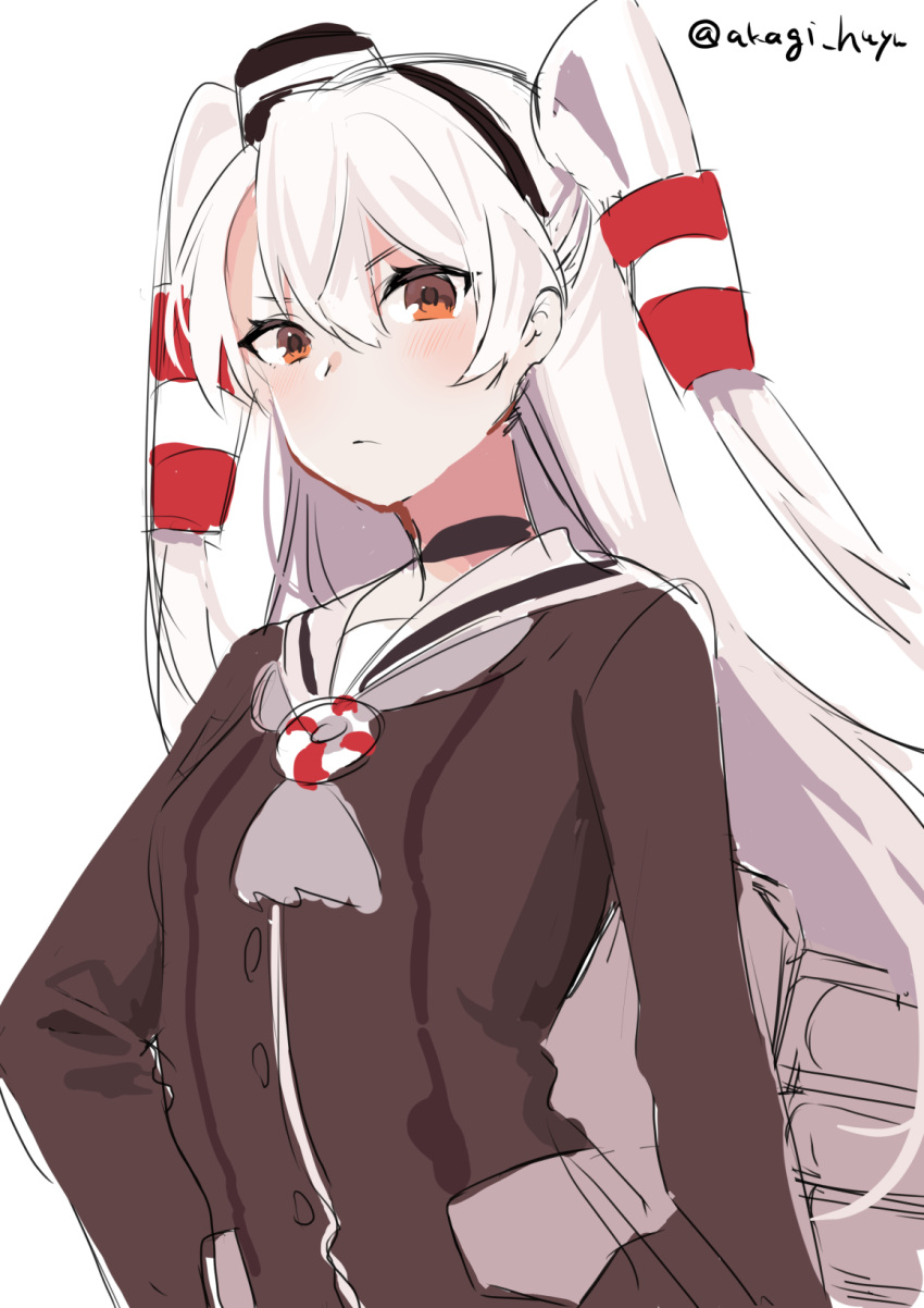 1girl amatsukaze_(kantai_collection) brown_dress brown_neckwear cowboy_shot dress hair_tubes hat highres kantai_collection lifebuoy_ornament long_hair looking_at_viewer mini_hat mizuki_eiru_(akagi_kurage) neckerchief red_eyes sailor_collar sailor_dress simple_background smokestack_hair_ornament solo two_side_up white_background white_hair white_sailor_collar windsock