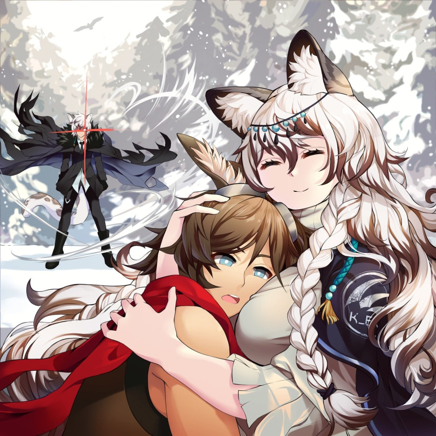 1girl 2boys anarchy animal_ears arknights between_breasts bird blush breasts brother_and_sister closed_eyes courier_(arknights) deer_ears fluffy forest glowing glowing_eye highres hug leopard_ears leopard_tail multiple_boys nature pramanix_(arknights) siblings silverash_(arknights) snow tail tenzin_(arknights) tree