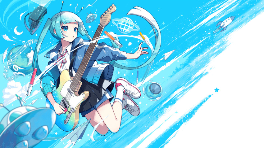 1girl :o antennae bangs beamed_eighth_notes black_skirt blue_eyes blue_hair blue_jacket blue_shorts blush collared_shirt commentary_request crescent dress_shirt eighth_note electric_guitar eyebrows_visible_through_hair flying_saucer glowstick guitar hatsune_miku head_mounted_display highres holding holding_umbrella instrument jacket long_hair looking_away looking_to_the_side musical_note nayutan_sei_kara_no_buttai neck_ribbon nou open_clothes open_jacket paper_airplane parted_lips planet pleated_skirt quarter_note red_ribbon ribbon rocket shirt shoes shorts shorts_under_skirt skirt socks solo space_craft twintails ufo umbrella very_long_hair vocaloid white_footwear white_legwear white_shirt