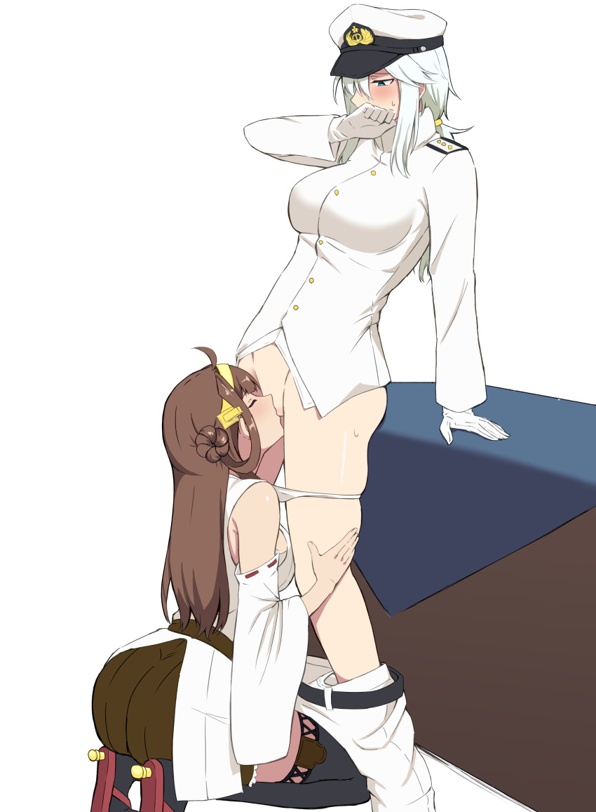 2girls absurdres ahoge bare_shoulders blush breasts brown_hair cunnilingus detached_sleeves female_admiral_(kantai_collection) hairband hat headgear highres japanese_clothes kantai_collection kneeling kongou_(kantai_collection) long_hair long_sleeves monochrome multiple_girls nikonikosiro nontraditional_miko oral panties pants_down panty_pull peaked_cap silver_hair simple_background skirt thighhighs underwear white_background yuri