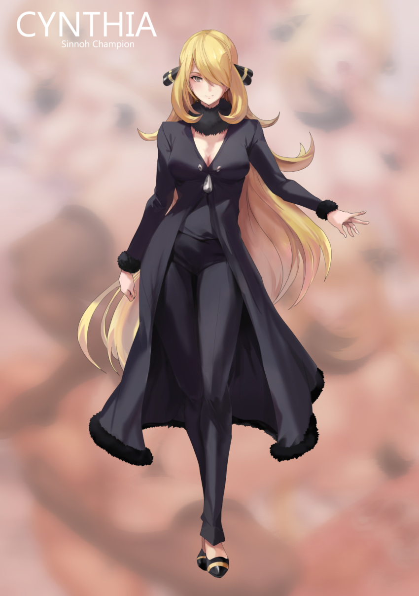 1girl black_footwear black_legwear blonde_hair blurry blurry_background blush cynthia_(pokemon) elite_four fur_choker fur_trim hair_over_one_eye highres long_hair pokemon pokemon_(anime) pokemon_(game) pokemon_bw pokemon_bw2 pokemon_dppt shiny shiny_hair solo terufuu yellow_eyes