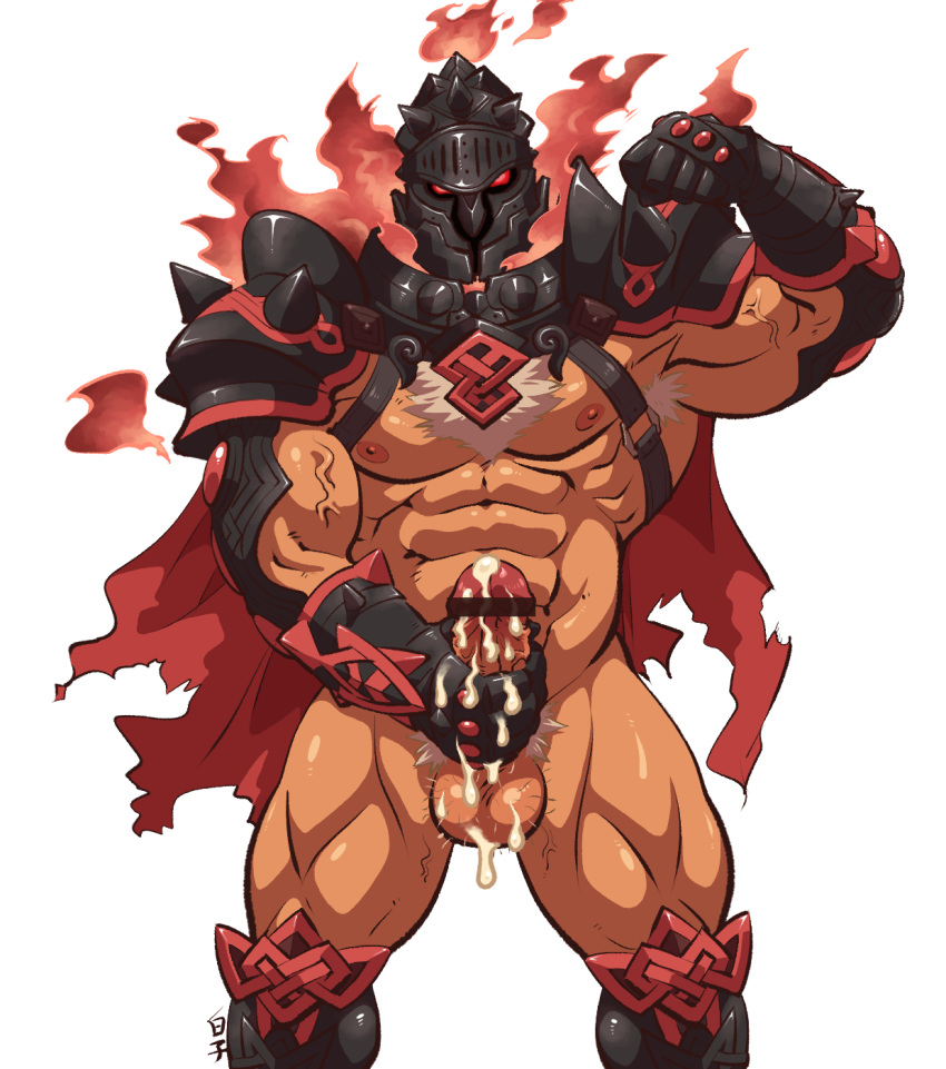 1boy abs armor bar_censor bara censored chest chest_hair chest_harness cowboy_shot cum erection fire glowing glowing_eyes helmet highres kirupi male_focus male_masturbation male_pubic_hair masturbation muscle nipples nude pectorals penis pubic_hair red_eyes revealing_clothes simple_background solo surtr_(tokyo_houkago_summoners) testicles thick_thighs thighs tokyo_houkago_summoners