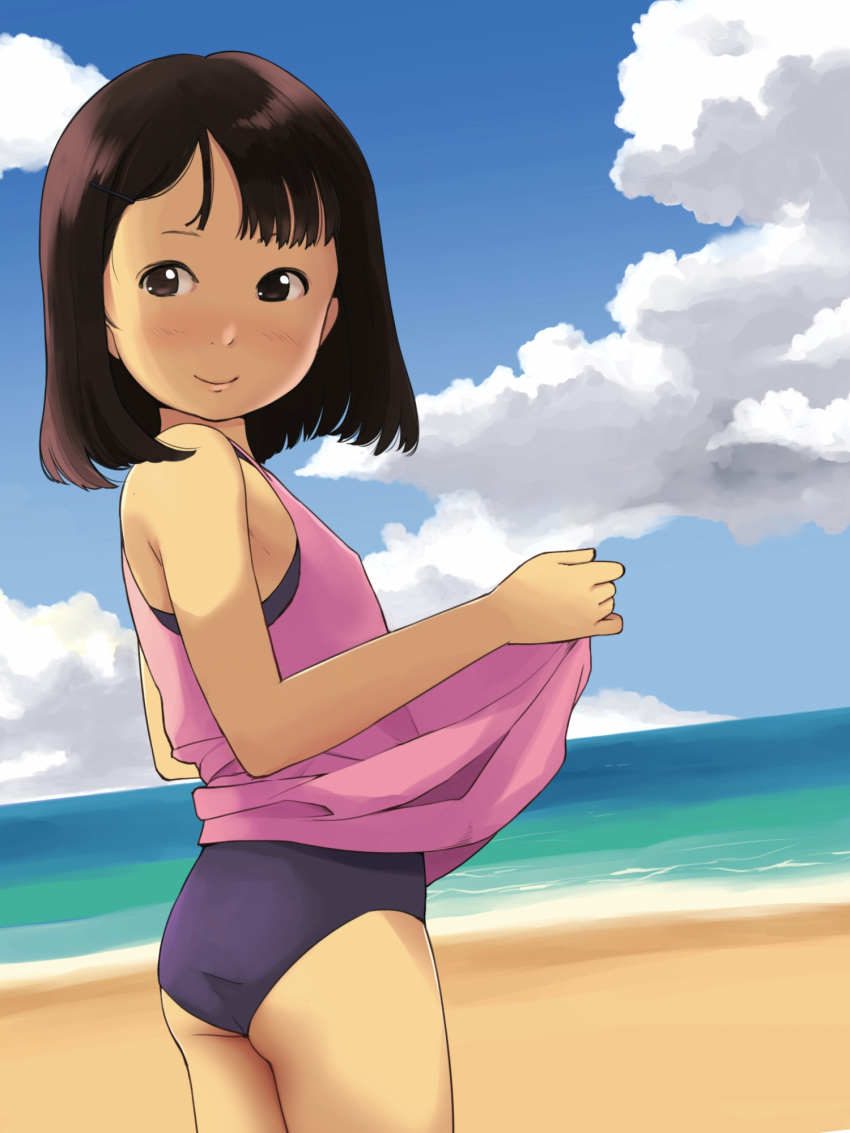 1girl anyannko ass beach blue_swimsuit brown_eyes brown_hair cloud dress dress_lift from_behind highres lifted_by_self looking_back ocean one-piece_swimsuit original outdoors pink_dress school_swimsuit short_dress short_hair sky sleeveless sleeveless_dress smile solo sundress swimsuit swimsuit_under_clothes thighs