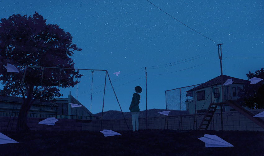 1girl gensuke_(ryun) grass hands_in_pockets highres hood hoodie house looking_up night original paper_airplane playground scenery short_hair slide solo standing star_(sky) swing_set telephone_pole tree wide_shot