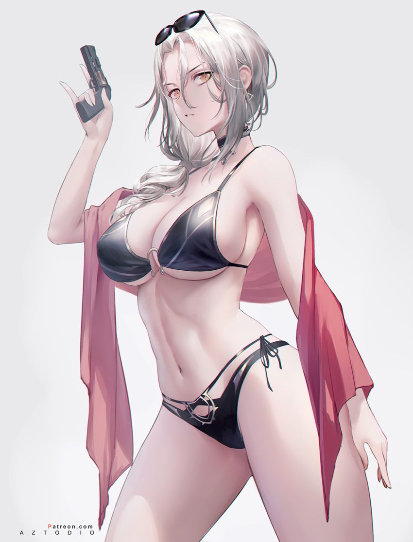 1girl arm_at_side artist_name azto_dio bare_shoulders bikini black-framed_eyewear black_bikini black_choker black_ribbon braid breasts carmilla_(fate/grand_order) carmilla_(swimsuit_rider)_(fate) choker cleavage commentary cowboy_shot earrings english_commentary eyewear_on_head fate/grand_order fate_(series) gun hair_between_eyes highres holding holding_gun holding_weapon jewelry large_breasts long_hair looking_at_viewer navel orange_eyes parted_lips ribbon serious shawl side-tie_bikini silver_hair single_braid solo stomach sunglasses swimsuit thighs trigger_discipline underboob weapon weapon_request