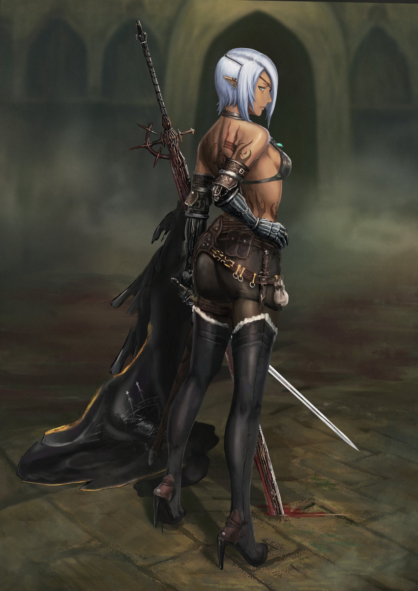 1girl arm_belt auto bangs black_bra black_footwear boots bra breasts brown_pants dark_elf dark_skin elf from_side full_body green_eyes hand_on_hip high_heel_boots high_heels highres holding holding_sword holding_weapon medium_breasts original pants parted_bangs pointy_ears profile prosthesis prosthetic_arm short_hair sideboob silver_hair solo standing sword thigh_boots thighhighs underwear weapon