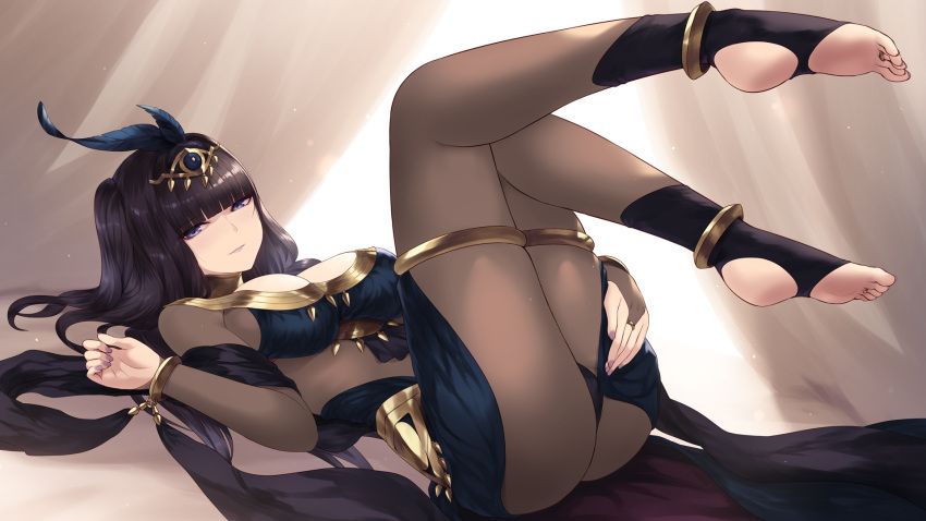 1girl ass bangs black_hair blunt_bangs bodystocking bracelet breasts cait_aron circlet cleavage feet fire_emblem fire_emblem_awakening fire_emblem_heroes grey_eyes hair_ornament highres jewelry large_breasts legs legs_up long_hair looking_at_viewer lying on_back tharja_(fire_emblem) tiara two_side_up