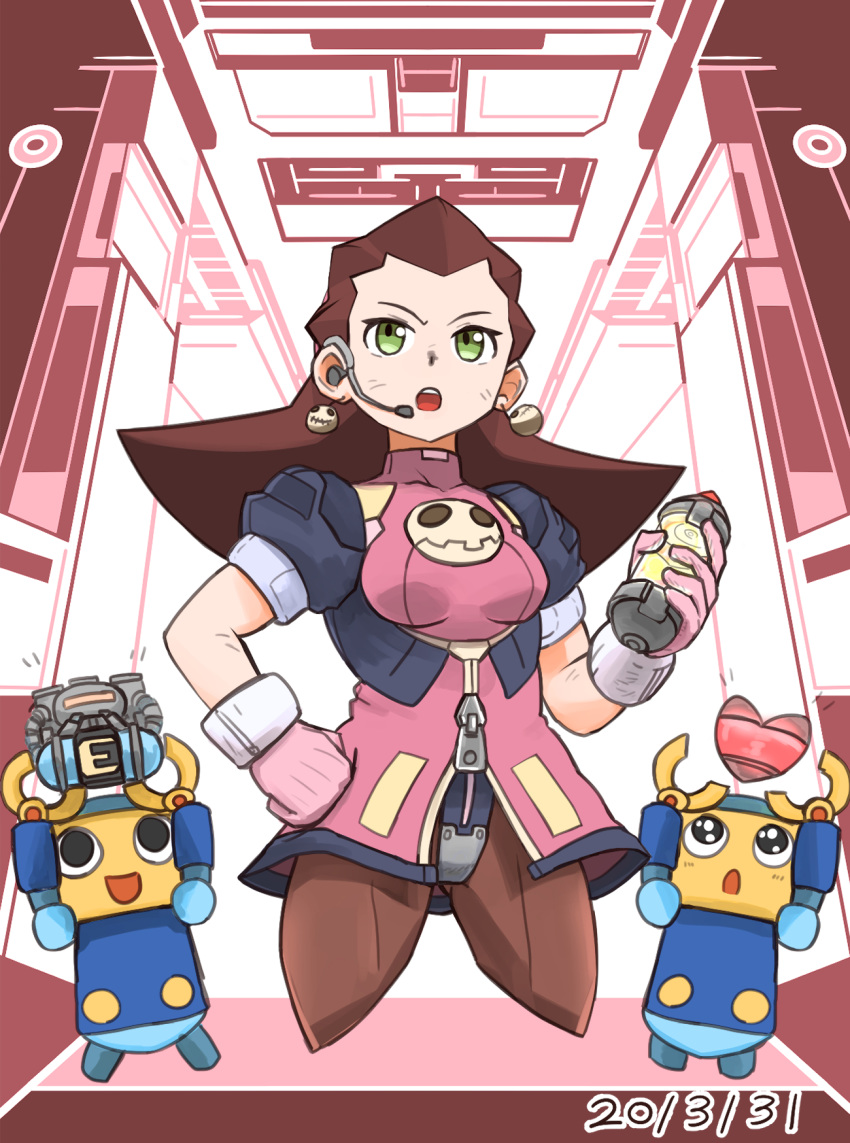 1girl adapted_costume breasts brown_hair capcom cropped_legs crotch_plate dated earrings gloves green_eyes hair_pulled_back hand_on_hip heart highres holding jewelry kobun medium_breasts microphone open_mouth pantyhose pink_gloves puffy_short_sleeves puffy_sleeves robot rockman rockman_dash short_sleeves sub-tank tron_bonne ttugi_14