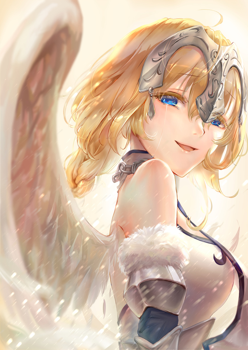 1girl :d absurdres aka_mina bangs bare_shoulders blonde_hair blue_eyes braid breasts colored_eyelashes crying crying_with_eyes_open eyebrows_visible_through_hair fate/grand_order fate_(series) feathered_wings from_side fur_trim headpiece highres janne_d'arc jeanne_d'arc_(fate) jeanne_d'arc_(fate)_(all) large_breasts light_particles long_hair looking_at_viewer motion_blur open_mouth single_braid sleeveless smile solo streaming_tears tears upper_body vambraces white_wings wind wings